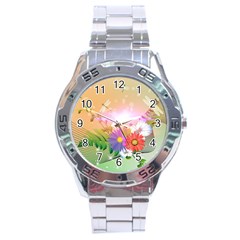 Wonderful Colorful Flowers With Dragonflies Stainless Steel Men s Watch by FantasyWorld7