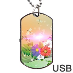 Wonderful Colorful Flowers With Dragonflies Dog Tag Usb Flash (one Side)