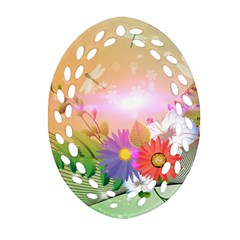 Wonderful Colorful Flowers With Dragonflies Ornament (oval Filigree) 