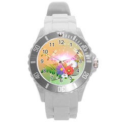 Wonderful Colorful Flowers With Dragonflies Round Plastic Sport Watch (l)