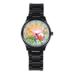 Wonderful Colorful Flowers With Dragonflies Stainless Steel Round Watches