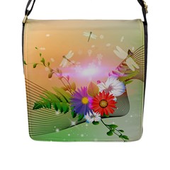 Wonderful Colorful Flowers With Dragonflies Flap Messenger Bag (l) 