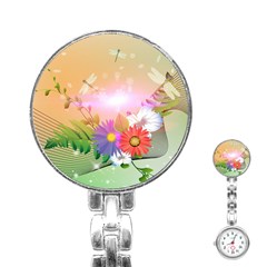 Wonderful Colorful Flowers With Dragonflies Stainless Steel Nurses Watches