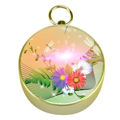 Wonderful Colorful Flowers With Dragonflies Gold Compasses