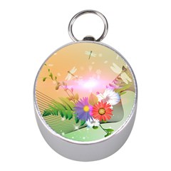 Wonderful Colorful Flowers With Dragonflies Mini Silver Compasses