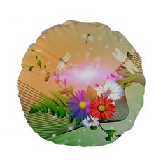 Wonderful Colorful Flowers With Dragonflies Standard 15  Premium Flano Round Cushions