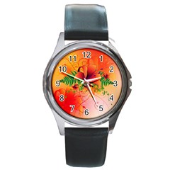 Awesome Red Flowers With Leaves Round Metal Watches by FantasyWorld7