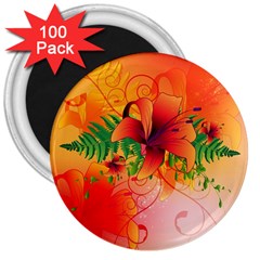 Awesome Red Flowers With Leaves 3  Magnets (100 Pack)