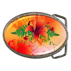 Awesome Red Flowers With Leaves Belt Buckles