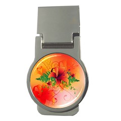 Awesome Red Flowers With Leaves Money Clips (round)  by FantasyWorld7