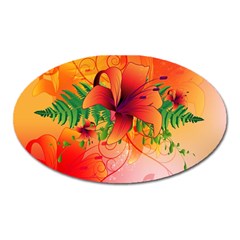 Awesome Red Flowers With Leaves Oval Magnet