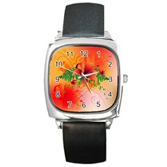 Awesome Red Flowers With Leaves Square Metal Watches