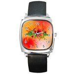 Awesome Red Flowers With Leaves Square Metal Watches Front