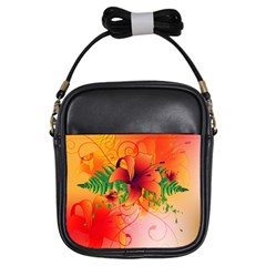 Awesome Red Flowers With Leaves Girls Sling Bags