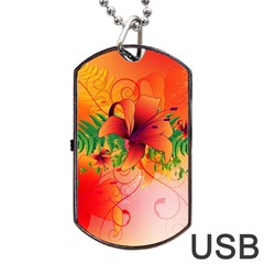 Awesome Red Flowers With Leaves Dog Tag Usb Flash (one Side)