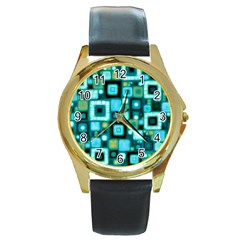 Teal Squares Round Gold Metal Watches