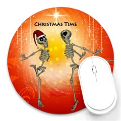 Dancing For Christmas, Funny Skeletons Round Mousepads by FantasyWorld7