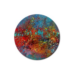 Abstract In Red, Turquoise, And Yellow Rubber Coaster (round)  by digitaldivadesigns