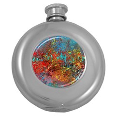 Abstract In Red, Turquoise, And Yellow Round Hip Flask (5 Oz)