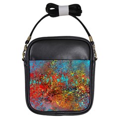 Abstract In Red, Turquoise, And Yellow Girls Sling Bags