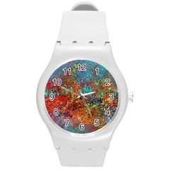 Abstract In Red, Turquoise, And Yellow Round Plastic Sport Watch (m)