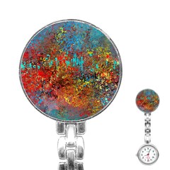 Abstract In Red, Turquoise, And Yellow Stainless Steel Nurses Watches