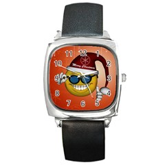 Funny Christmas Smiley With Sunglasses Square Metal Watches by FantasyWorld7