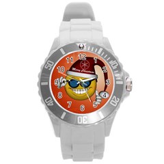 Funny Christmas Smiley With Sunglasses Round Plastic Sport Watch (l) by FantasyWorld7