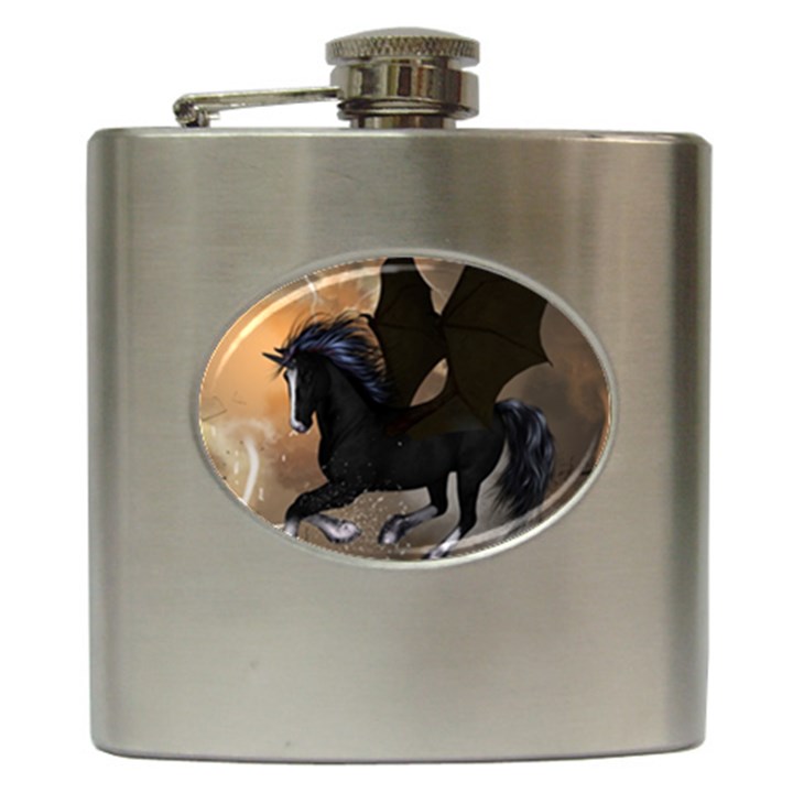 Awesome Dark Unicorn With Clouds Hip Flask (6 oz)