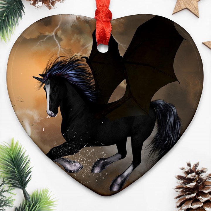 Awesome Dark Unicorn With Clouds Heart Ornament (2 Sides)