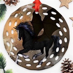 Awesome Dark Unicorn With Clouds Round Filigree Ornament (2side) by FantasyWorld7