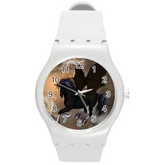 Awesome Dark Unicorn With Clouds Round Plastic Sport Watch (m)