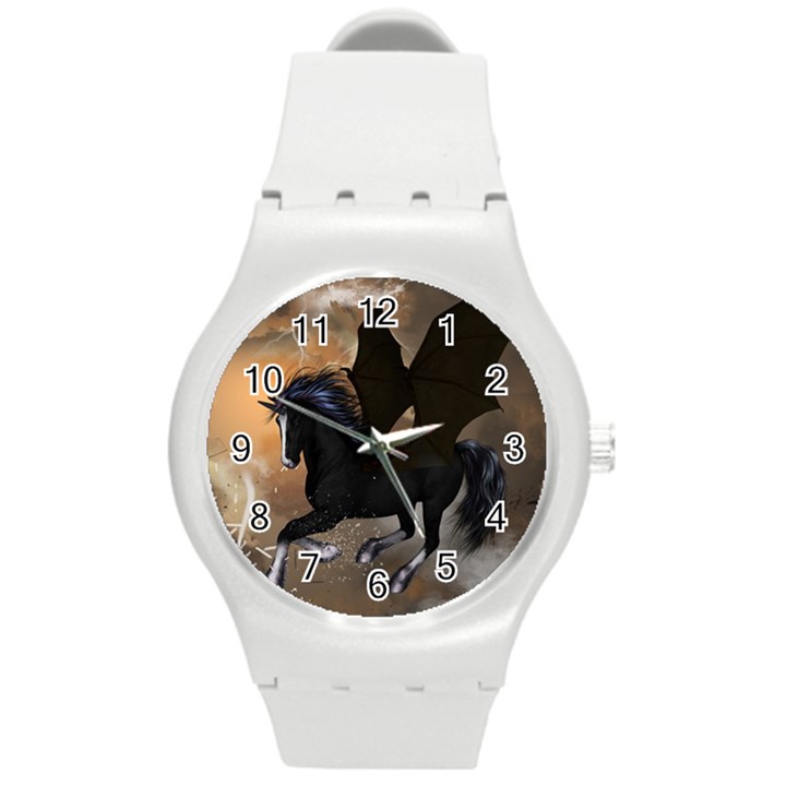 Awesome Dark Unicorn With Clouds Round Plastic Sport Watch (M)