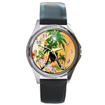 Cute Toucan With Palm And Flowers Round Metal Watches