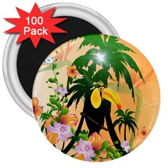 Cute Toucan With Palm And Flowers 3  Magnets (100 Pack)