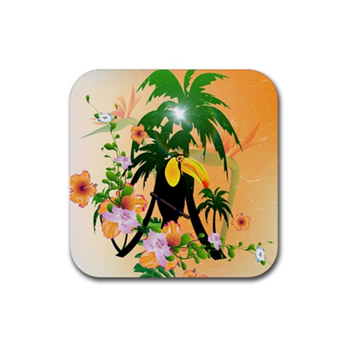 Cute Toucan With Palm And Flowers Rubber Coaster (Square) 