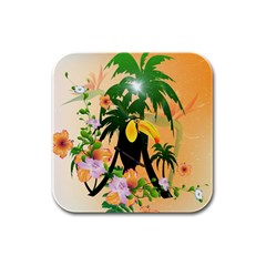 Cute Toucan With Palm And Flowers Rubber Square Coaster (4 Pack)  by FantasyWorld7