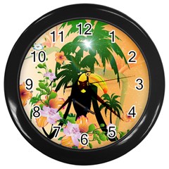 Cute Toucan With Palm And Flowers Wall Clocks (black)