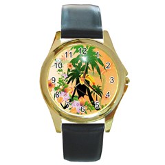 Cute Toucan With Palm And Flowers Round Gold Metal Watches