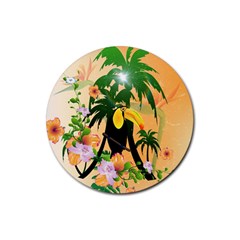 Cute Toucan With Palm And Flowers Rubber Round Coaster (4 Pack) 