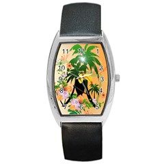 Cute Toucan With Palm And Flowers Barrel Metal Watches