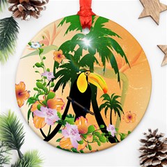 Cute Toucan With Palm And Flowers Round Ornament (two Sides) 