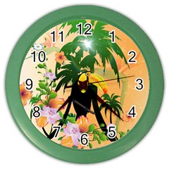 Cute Toucan With Palm And Flowers Color Wall Clocks