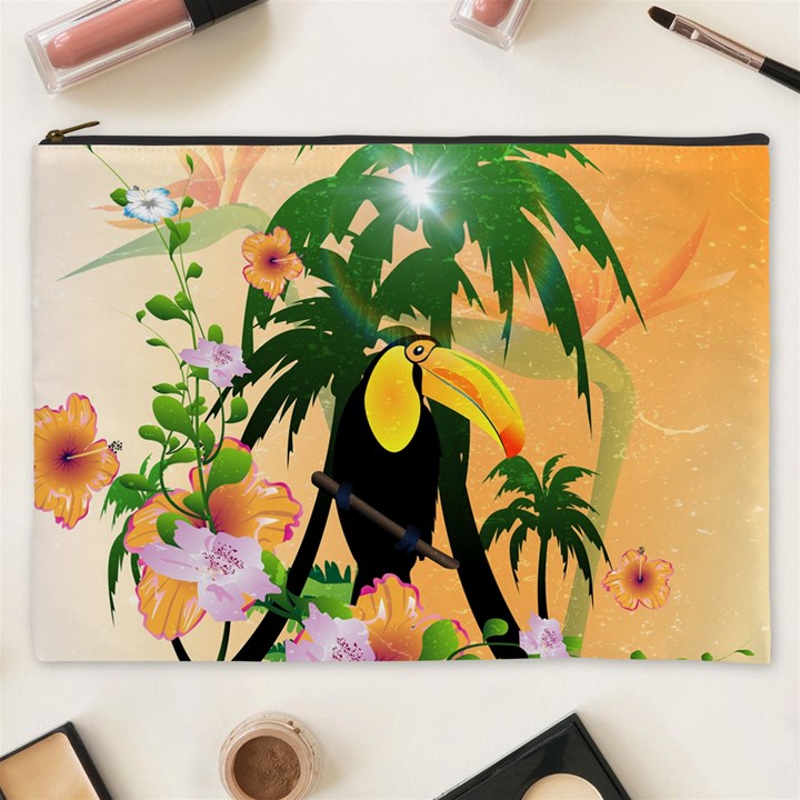 Cute Toucan With Palm And Flowers Cosmetic Bag (XXXL) 