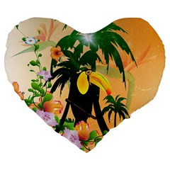 Cute Toucan With Palm And Flowers Large 19  Premium Heart Shape Cushions by FantasyWorld7