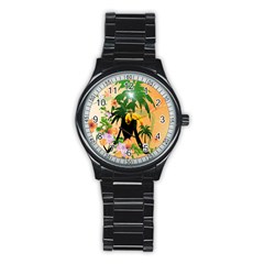 Cute Toucan With Palm And Flowers Stainless Steel Round Watches