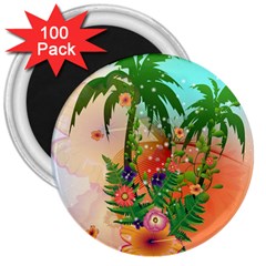 Tropical Design With Palm And Flowers 3  Magnets (100 Pack)