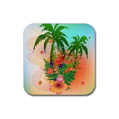 Tropical Design With Palm And Flowers Rubber Coaster (square)  by FantasyWorld7