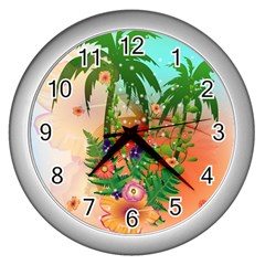 Tropical Design With Palm And Flowers Wall Clocks (silver) 