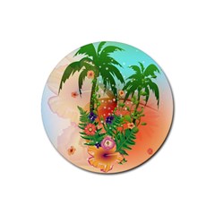 Tropical Design With Palm And Flowers Rubber Coaster (round)  by FantasyWorld7